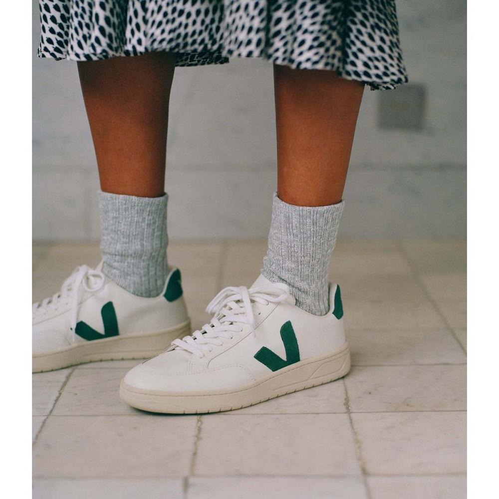 Women's Veja V-12 LEATHER Sneakers White/Green | ZA 671KOR